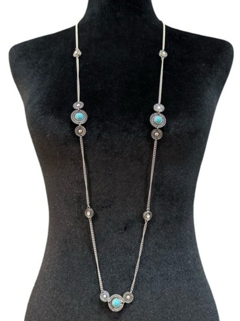 Silver Tone Long Chain Necklace With Turquoise color beads and Rhinestone Accent